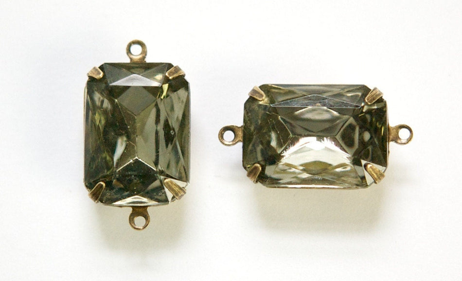 Vintage Black Diamond Faceted Stones 2 Loop Brass Ox Settings 18x13mm
