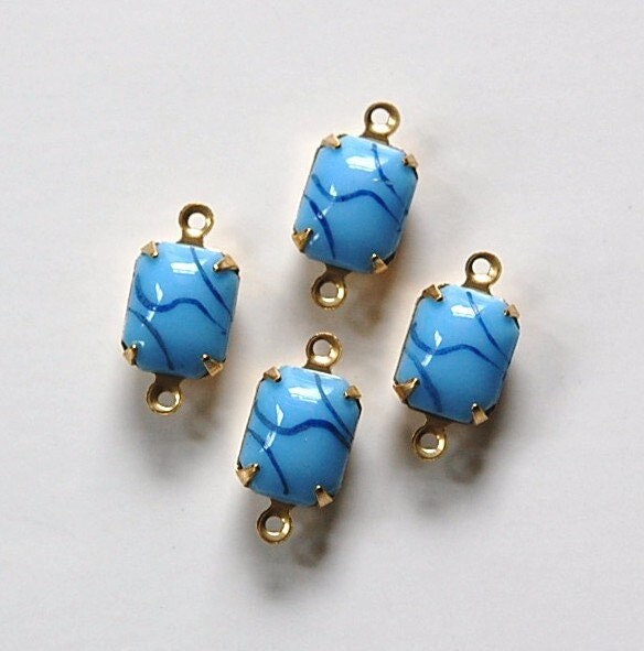 Vintage Opaque Light Blue Stones with Navy 2 Loop Brass Setting 10mm x 8mm