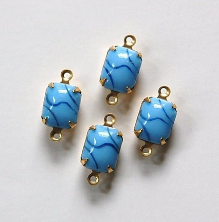 Vintage Opaque Light Blue Stones with Navy 2 Loop Brass Setting 10mm x 8mm