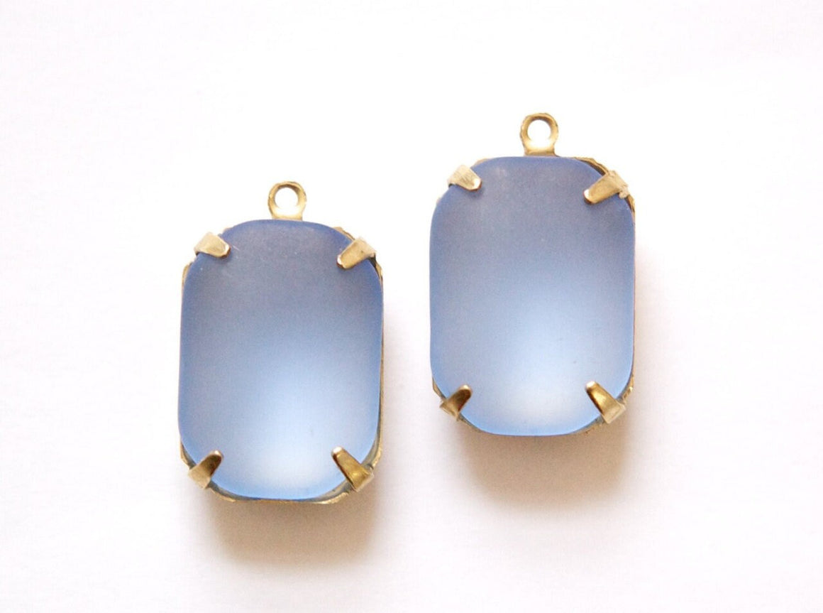 Vintage Matte Blue Glass Stones 1 Loop Brass Settings 18mm x 13mm