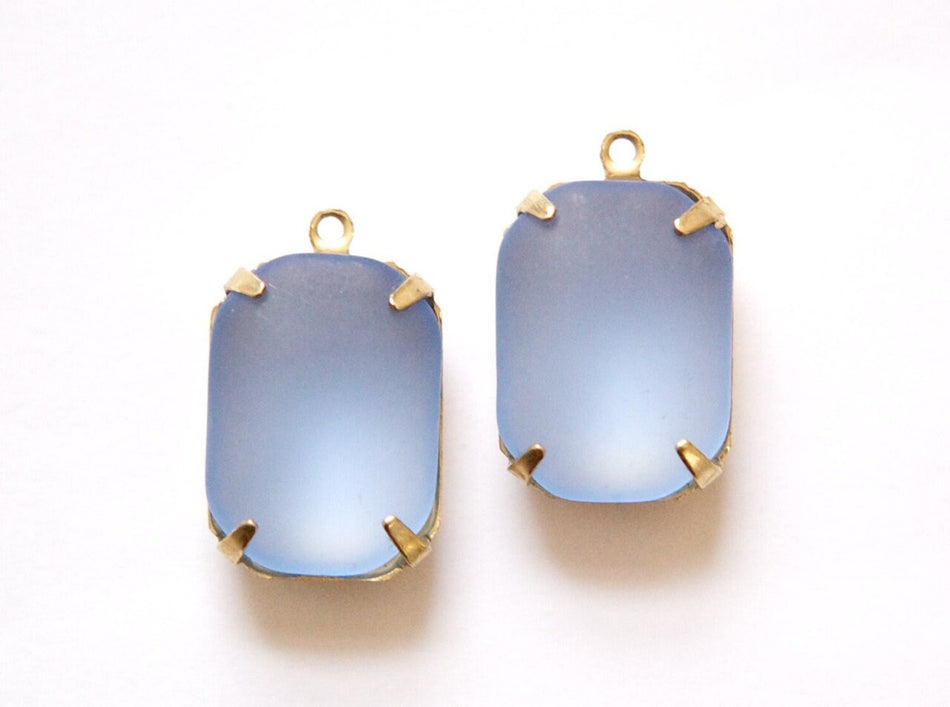 Vintage Matte Blue Glass Stones 1 Loop Brass Settings 18mm x 13mm