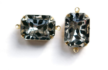 Vintage Clear Acrylic Stones with Black Ivy Design 2 Loop Brass Settings 18X13mm