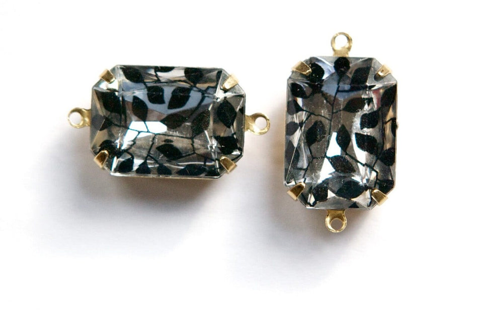 Vintage Clear Acrylic Stones with Black Ivy Design 2 Loop Brass Settings 18X13mm