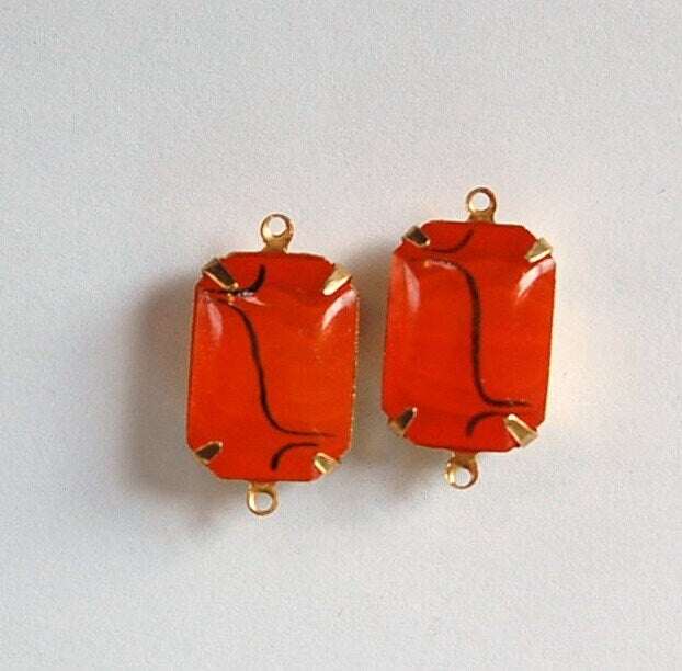 Vintage Orange with Black Design Glass Stones 2 Loop Brass Setting