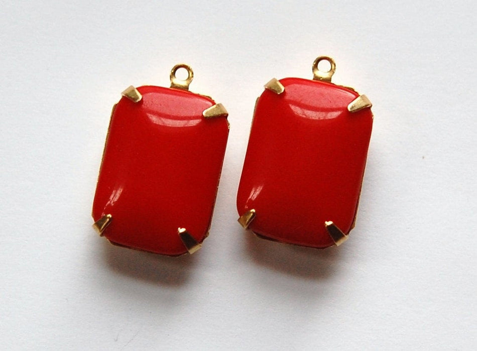 Vintage Red Glass Rectangle Drops 1 Loop Brass Setting 18X13mm