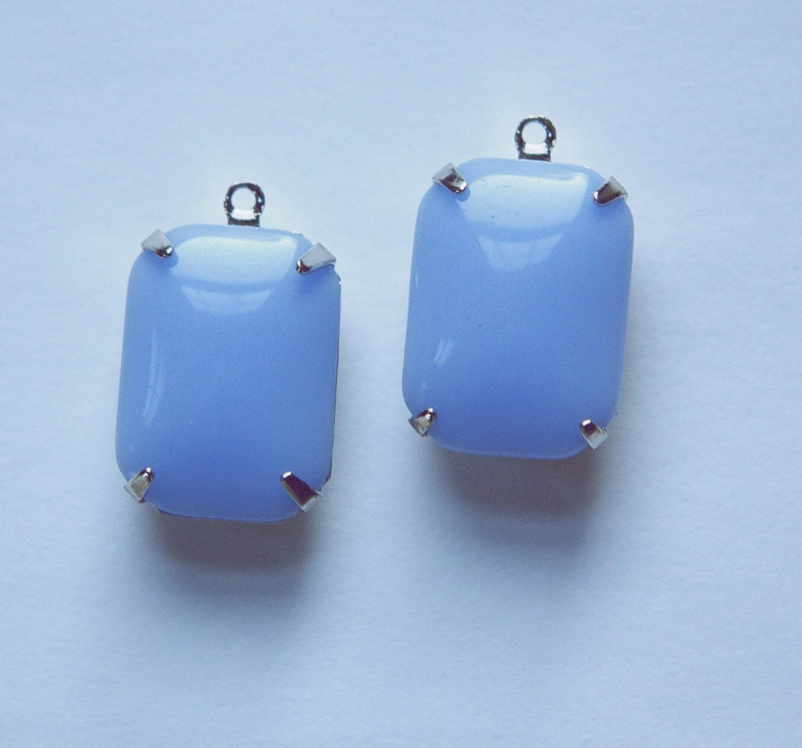 Periwinkle Blue Glass Rectangle Drops 1 Loop Silver Plated Setting 18X13mm