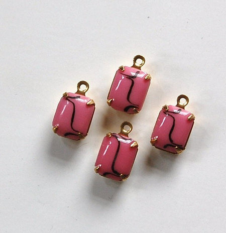 Vintage Opaque Dark Pink Stones with Black 1 Loop Brass Setting 10x8mm (4)