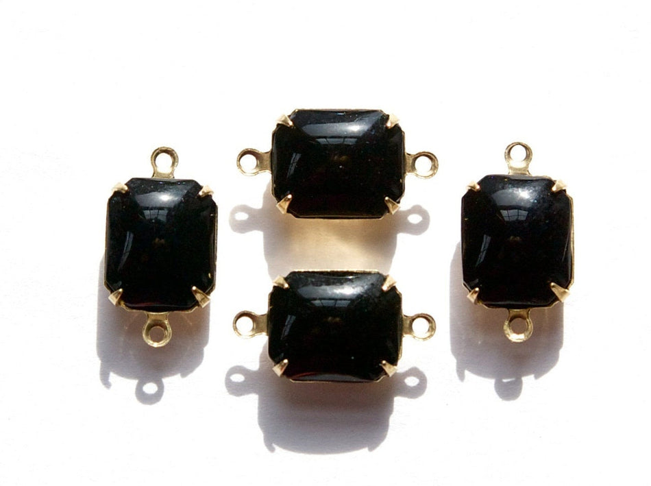 Vintage Black Glass Octagon Set Stones in 2 Loop Brass Setting 12x10mm oct005Q2