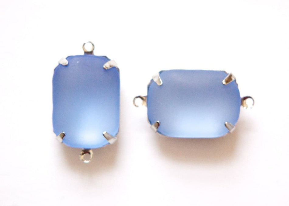 Vintage Matte Blue Glass Stones 2 Loop Silver Settings 18mm x 13mm
