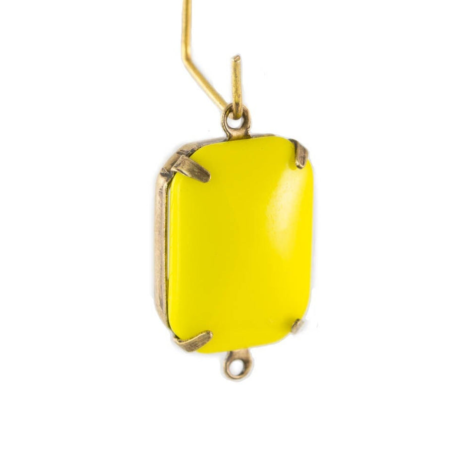 Vintage Opaque Yellow Glass Rectangle Drops 2 Loop Brass Ox Setting 18mmx13mm (2)