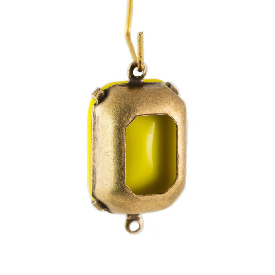 Vintage Opaque Yellow Glass Rectangle Drops 2 Loop Brass Ox Setting 18mmx13mm (2)