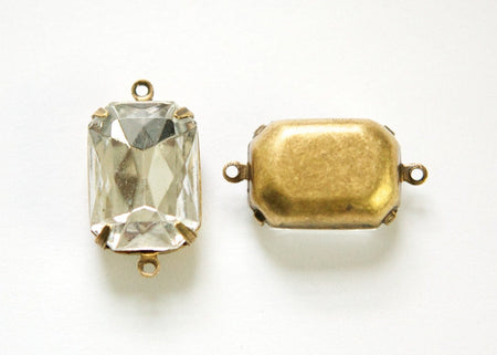 Vintage Crystal Clear Faceted Stones 2 Loop Brass Ox Settings 18x13mm (2)