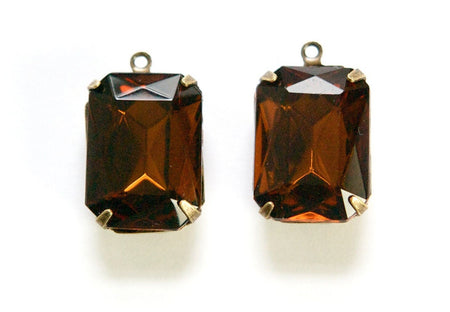 Vintage Smoke Topaz Faceted Stones 1 Loop Brass Ox Settings 18x13mm