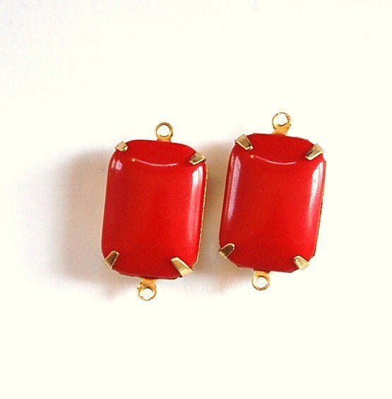 Vintage Red Glass Rectangle Drops in 2 Loop Setting 18x13mm