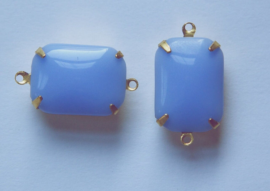 Vintage Periwinkle Blue Glass Rectangle Drops 2 Loop Brass Setting 18X13mm