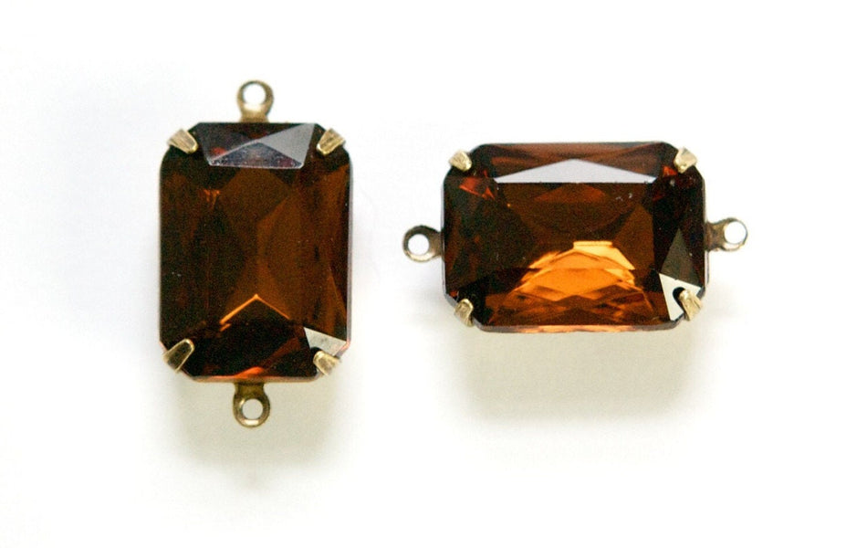 Vintage Smoke Topaz Faceted Stones 2 Loop Brass Ox Settings 18x13mm