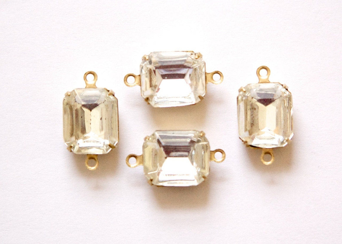Vintage Faceted Clear Stones 2 Loop Brass Setting 12mm x 10mm oct005T2