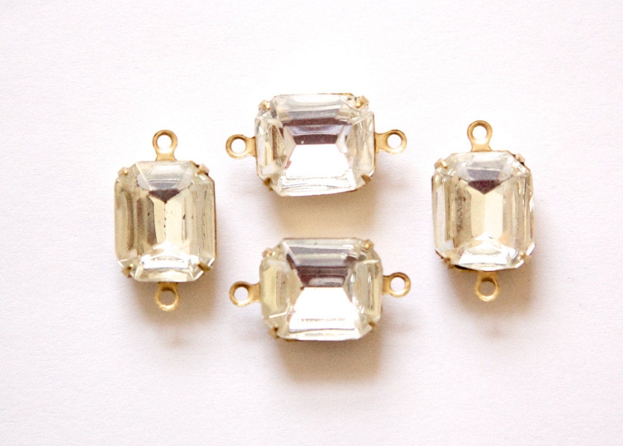 Vintage Faceted Clear Stones 2 Loop Brass Setting 12mm x 10mm oct005T2