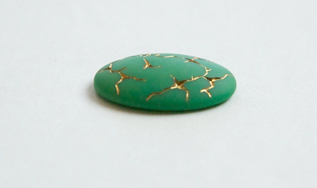 Vintage Matte Green with Gold Glass Cabochons Germany 25x18mm (1) cab453C