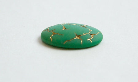 Vintage Matte Green with Gold Glass Cabochons Germany 25x18mm (1) cab453C