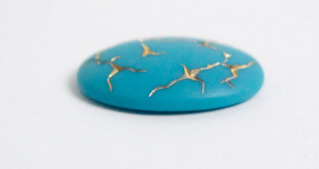 Vintage Matte Turquoise Blue with Gold Glass Cabochons Germany 25x18mm (1) cab453B