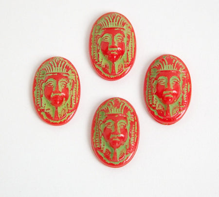 Vintage Egyptian Revival Glass Cabochons Green on Red 16x11mm (4) cab734B