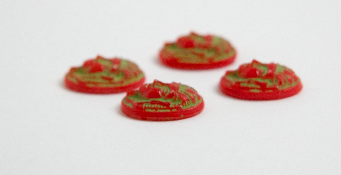 Vintage Egyptian Revival Glass Cabochons Green on Red 16x11mm (4) cab734B