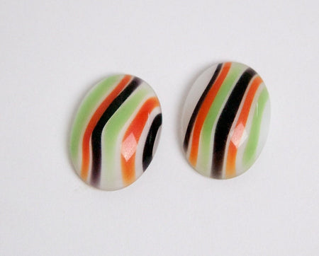 Vintage White with Green Orange Black Stripes Glass Cabochons 18x13mm cab184