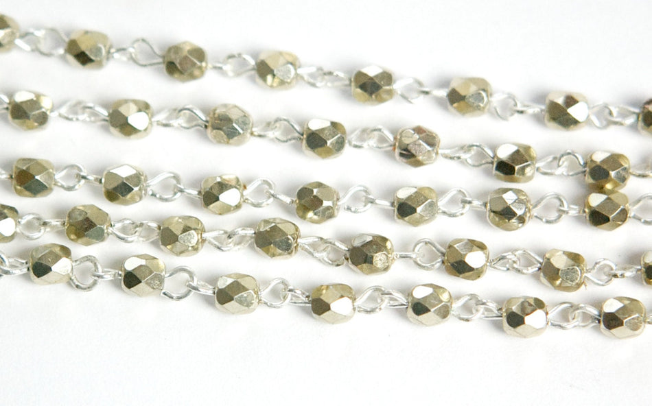Pale Gold Faceted Czech Glass Bead Chain Silver Links chn126