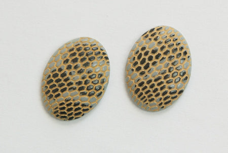 Vintage Gray with Black Darker Yellow Snakeskin Glass Cabochons 20x15mm (2) cab164A