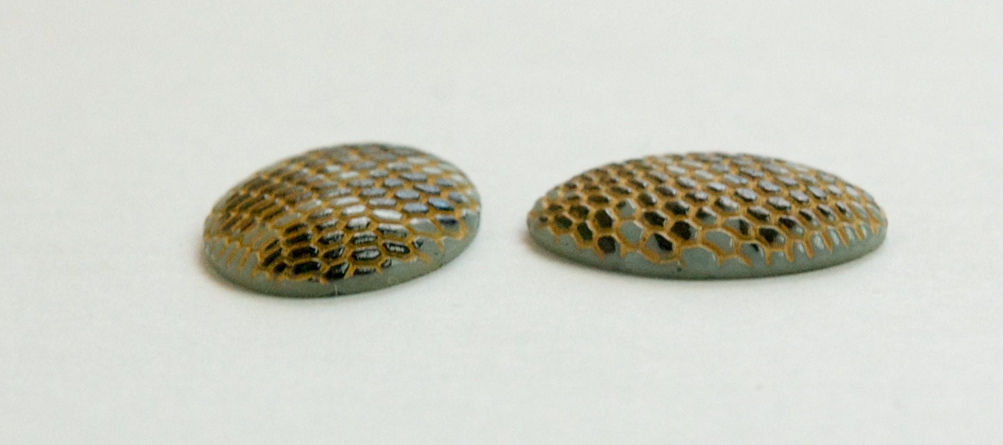 Vintage Gray with Black Darker Yellow Snakeskin Glass Cabochons 20x15mm (2) cab164A