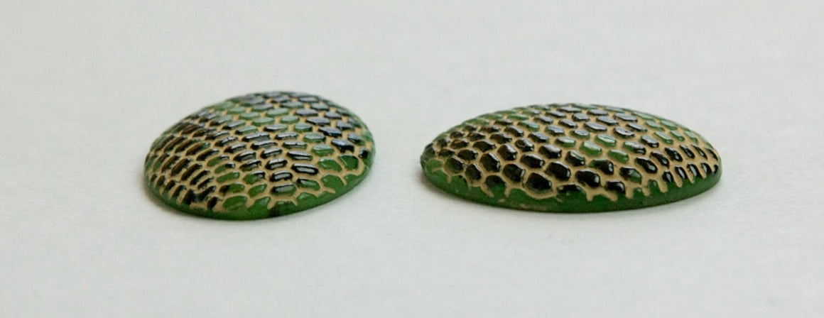Vintage Green with Black Darker Yellow Snakeskin Glass Cabochons 20x15mm (2) cab164B