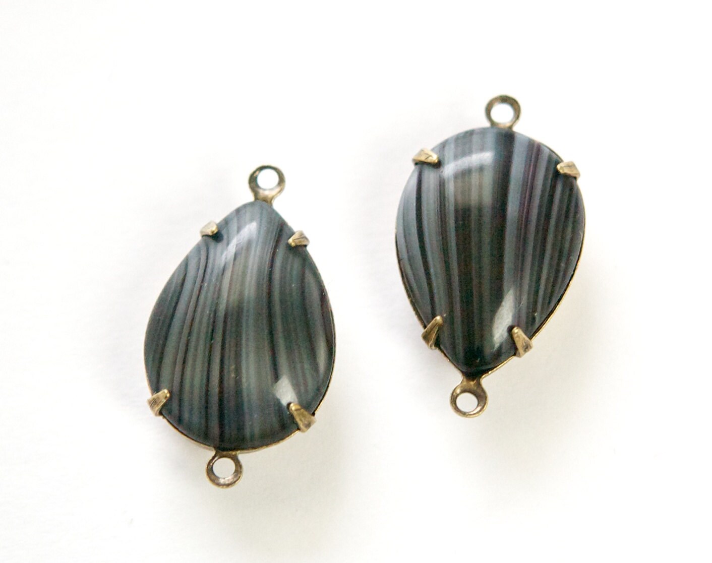 Vintage Gray Stripe Glass Teardrop Stones 2 Loop Brass Ox Setting 18x13mm par011X2