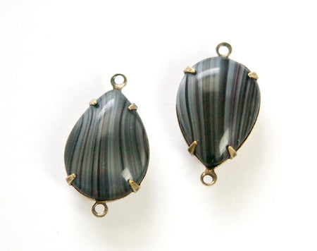 Vintage Gray Stripe Glass Teardrop Stones 2 Loop Brass Ox Setting 18x13mm par011X2