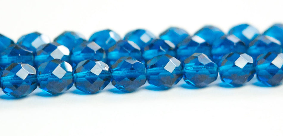 8mm Capri Blue Czech Faceted Firepolish Glass Beads (25)