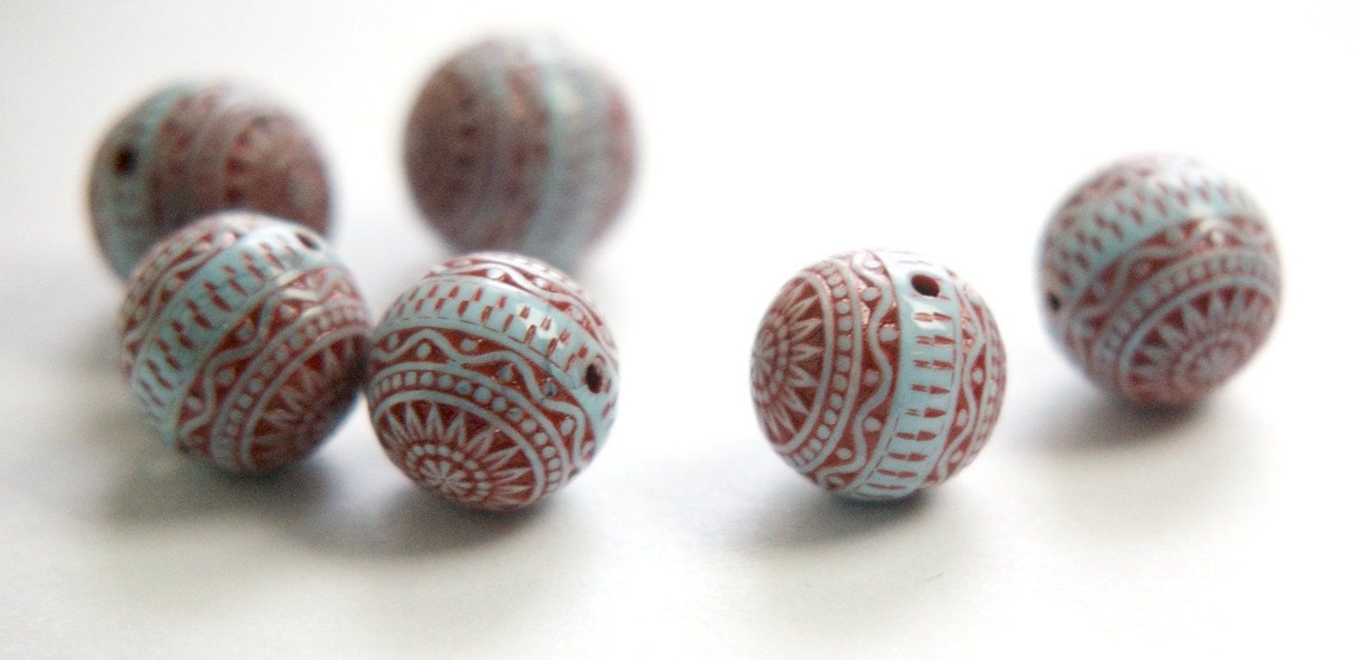 Vintage Light Blue and Red Etched Mosaic Acrylic Beads 10mm bds014E