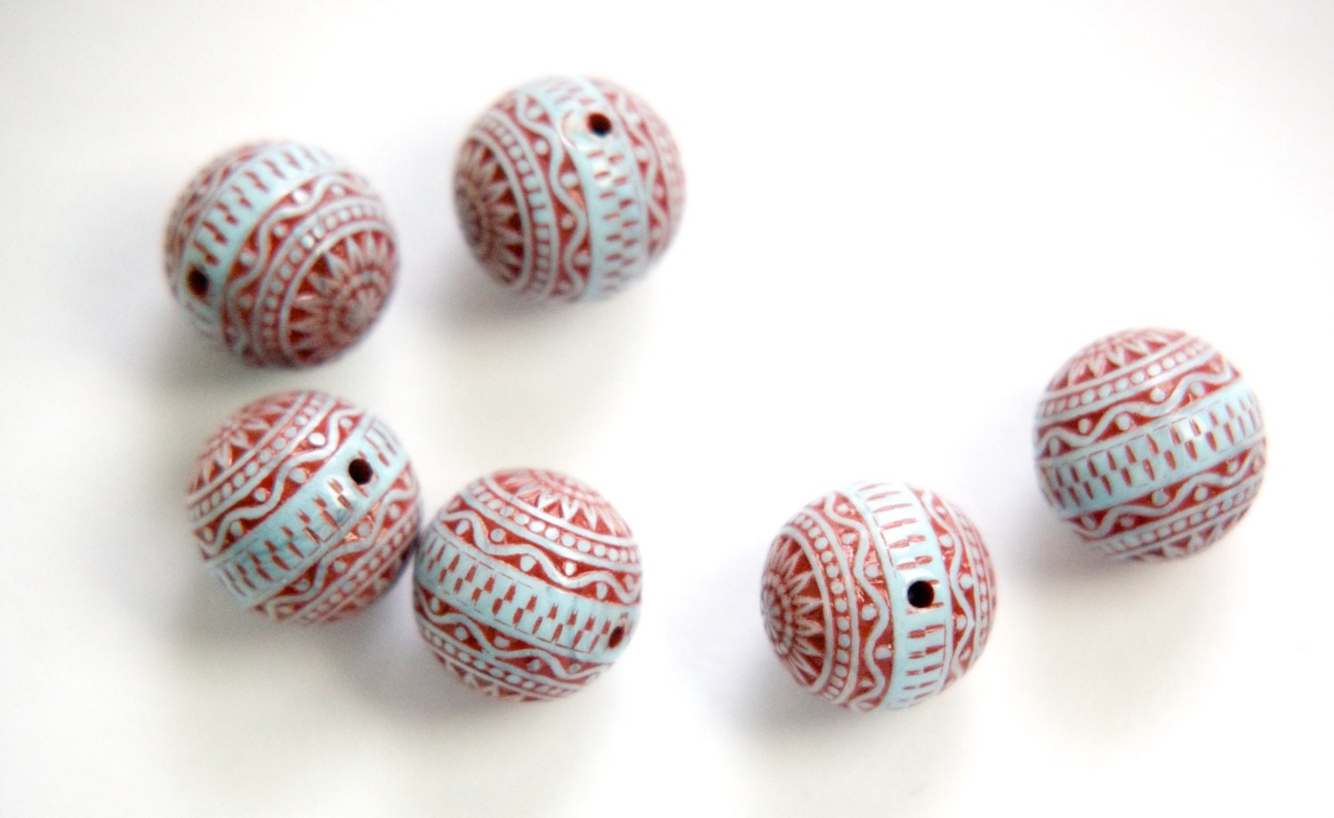 Vintage Light Blue and Red Etched Mosaic Acrylic Beads 10mm bds014E