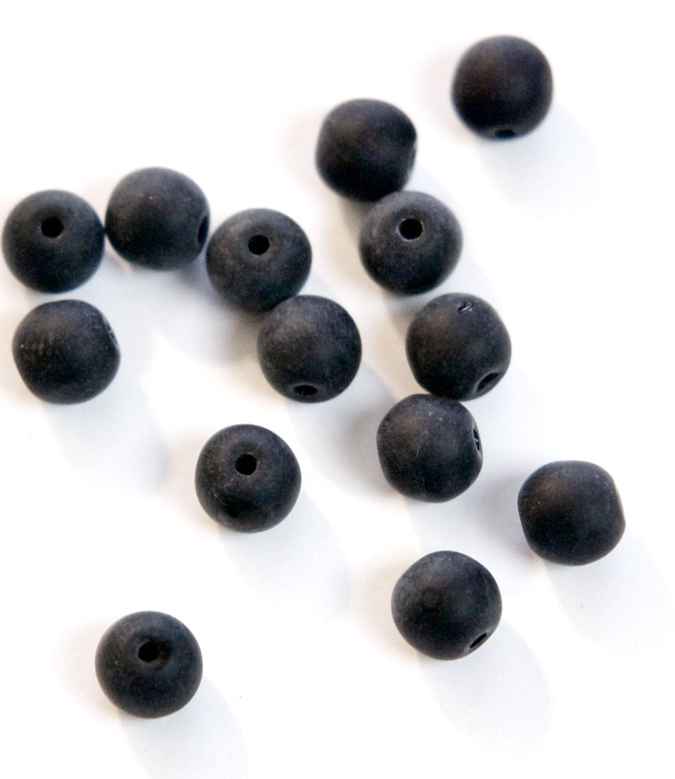 Vintage German Matte Black Glass Beads 7- 8mm grm056A