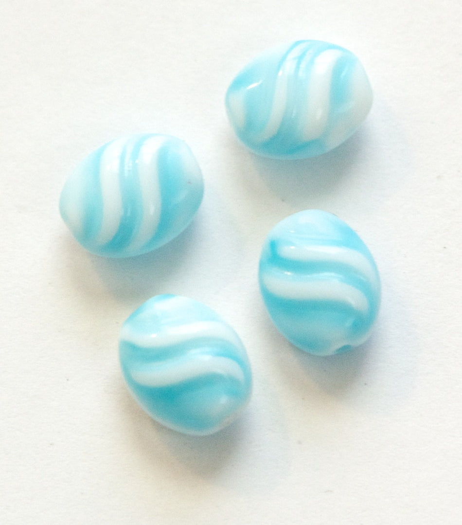 Vintage Light Blue and White Ribbed German Glass Beads (8) grm001H