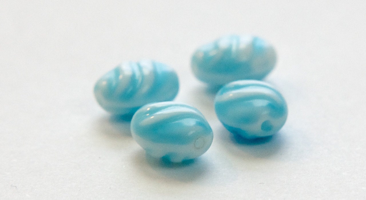 Vintage Light Blue and White Ribbed German Glass Beads (8) grm001H