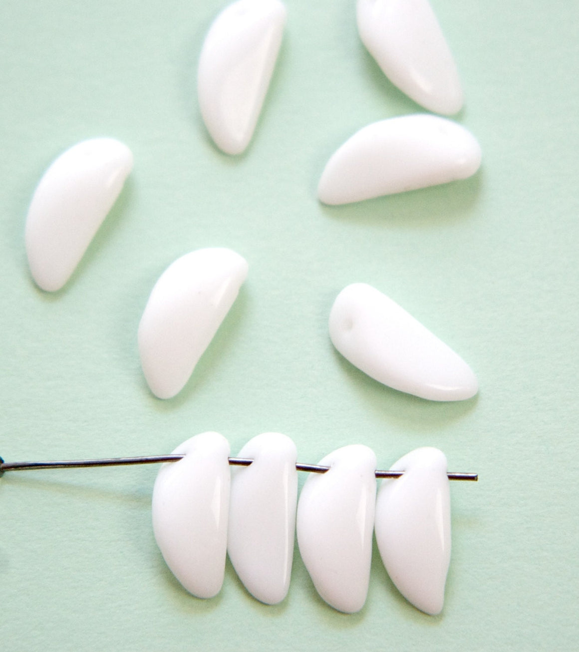 Vintage Opaque White Curved Petal Drop German Glass Beads (10) grm058A