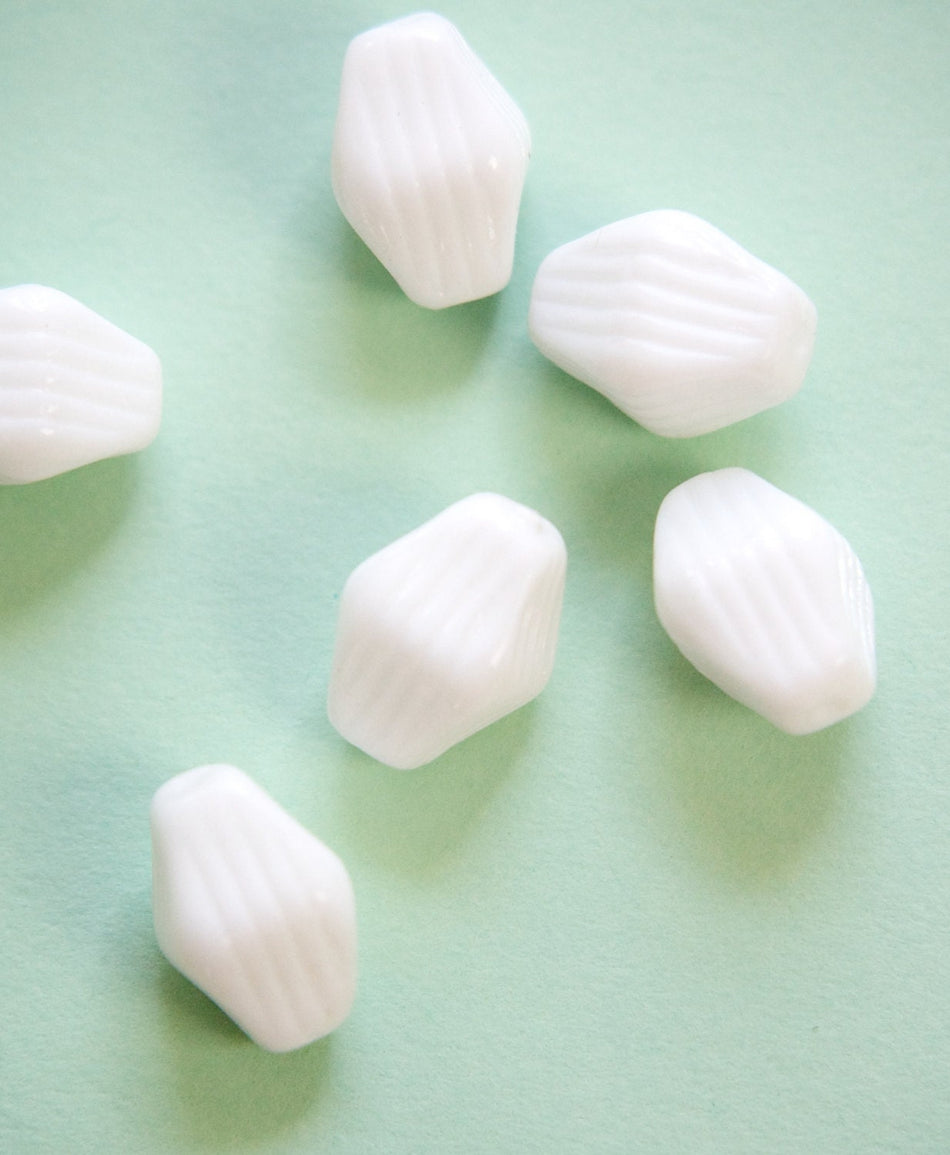 Vintage Opaque White Ribbed Bicone Focal German Glass Beads LG grm059B