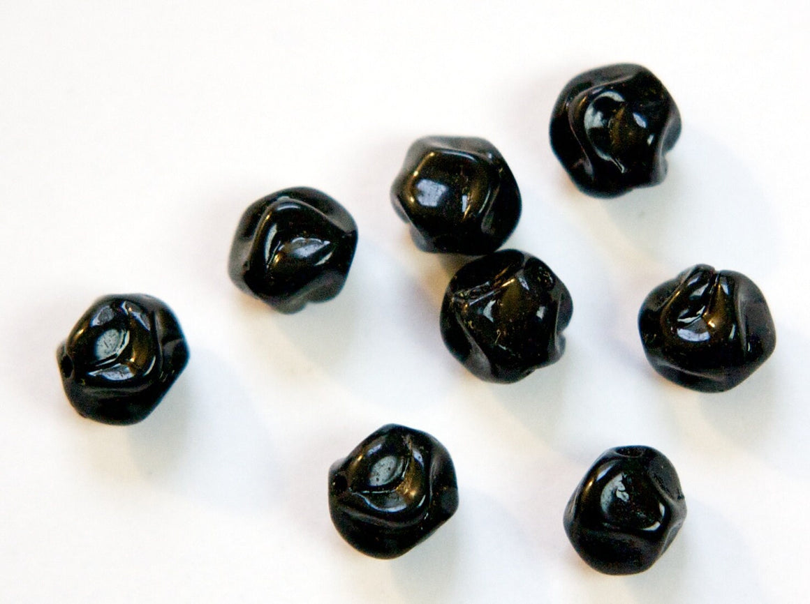 Vintage Black Baroque Pinched German Glass Beads (10) grm010G