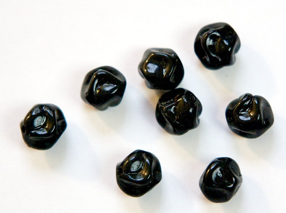 Vintage Black Baroque Pinched German Glass Beads (10) grm010G