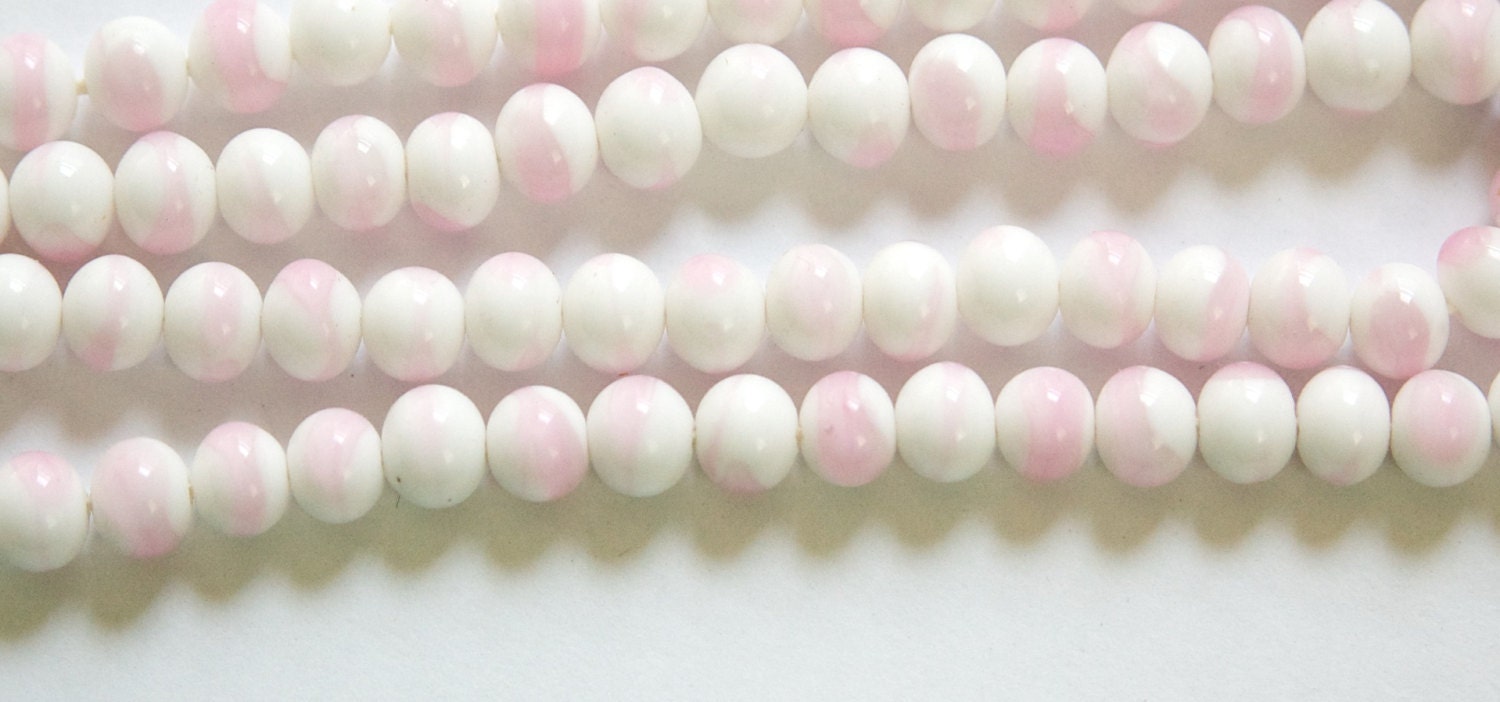 Vintage White with Pink Swirl Glass Beads Japan 6mm (10) jpn001K
