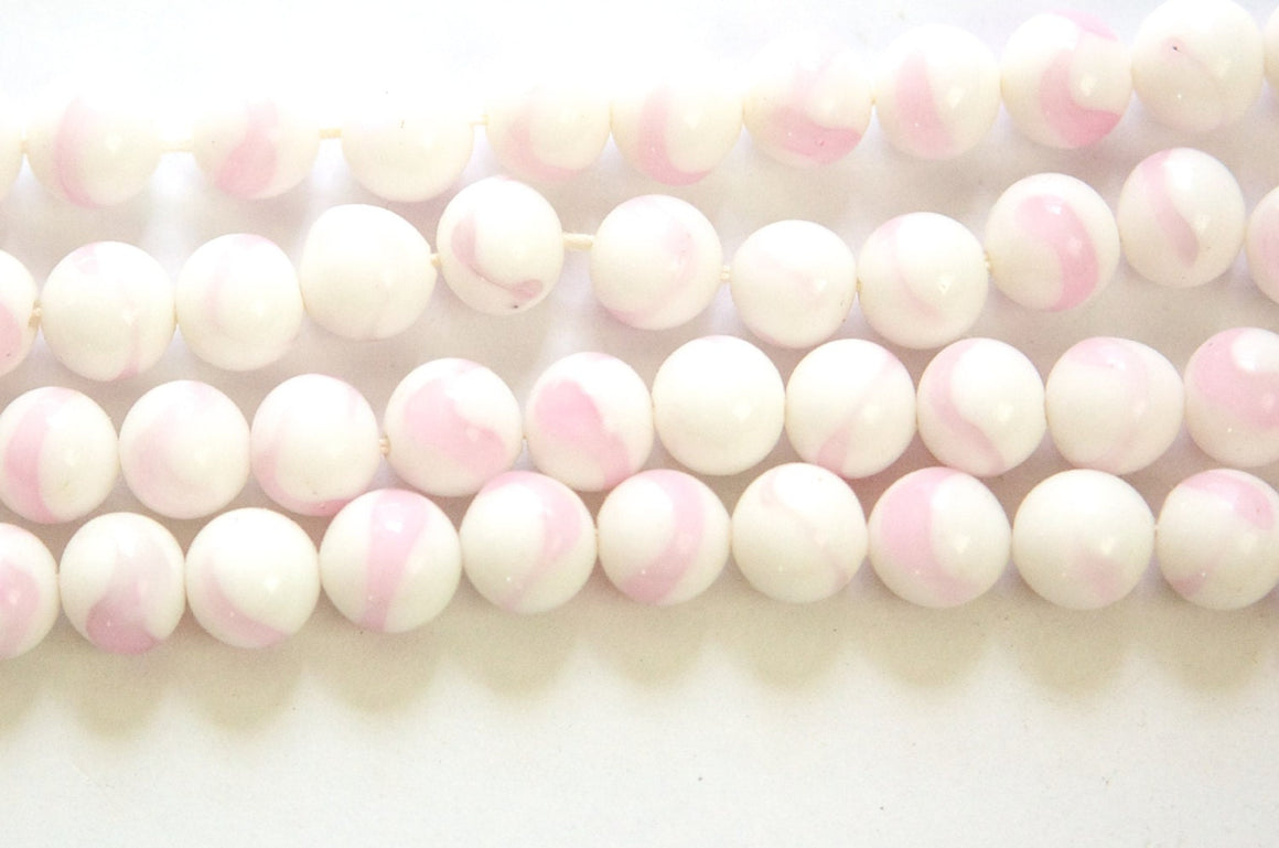 Vintage White with Pink Swirl Glass Beads Japan 8mm (8) jpn003H