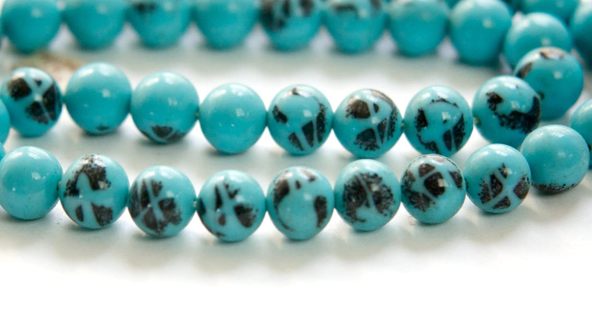 Vintage Opaque Blue Turquoise with Black Designs Glass Beads Japan 8- 9mm (6) jpn005C