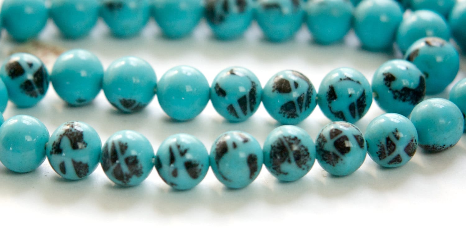 Vintage Opaque Blue Turquoise with Black Designs Glass Beads Japan 8- 9mm (6) jpn005C
