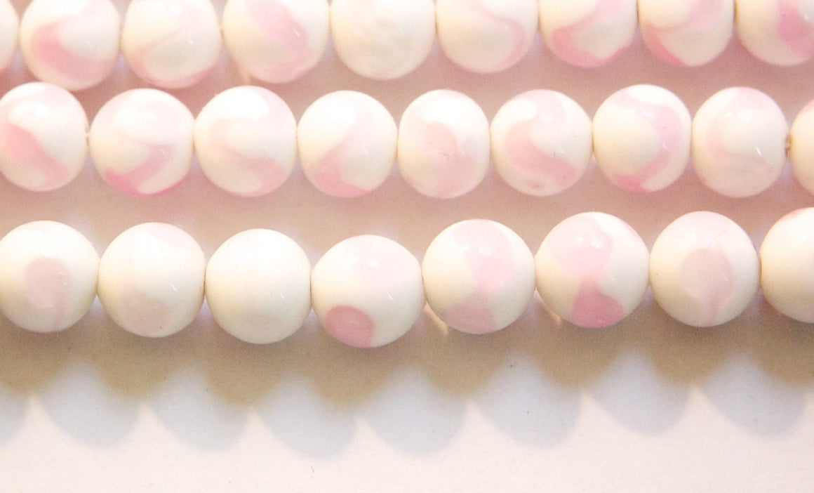 Vintage Opaque White with Pink Glass Beads Japan 8- 9mm (6) jpn005F