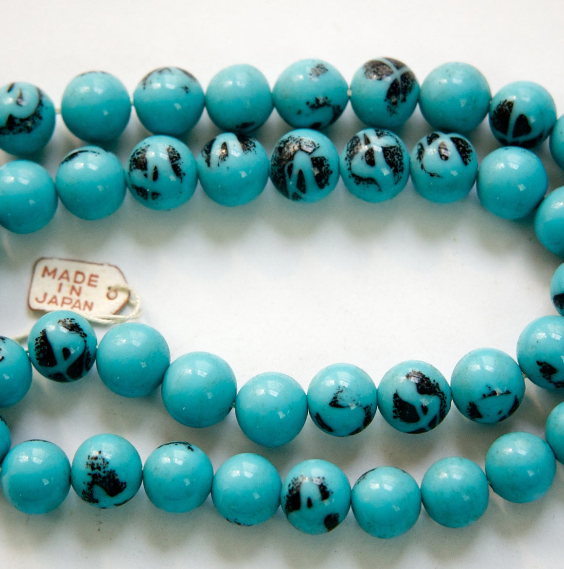 Vintage Opaque Blue Turquoise with Black Designs Glass Beads Japan 8- 9mm (6) jpn005C